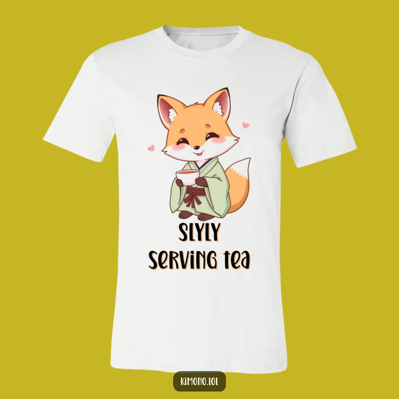 Funny Fox Silk Kimono T-Shirt: Tea Time Charm, Humorous Animal Graphic Tee