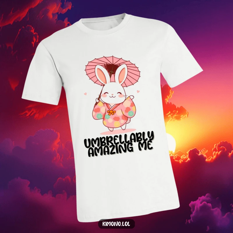 Funny rabbit wearing a vibrant kimono, captured mid-dance with a paper umbrella, humorous t-shirt design.