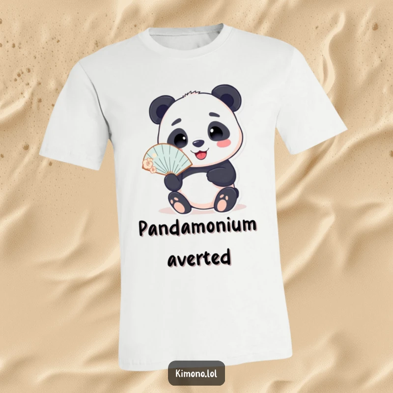 Funny t-shirt featuring a smiling panda holding a delicate fan, a design promoting coolness and adorable humor.