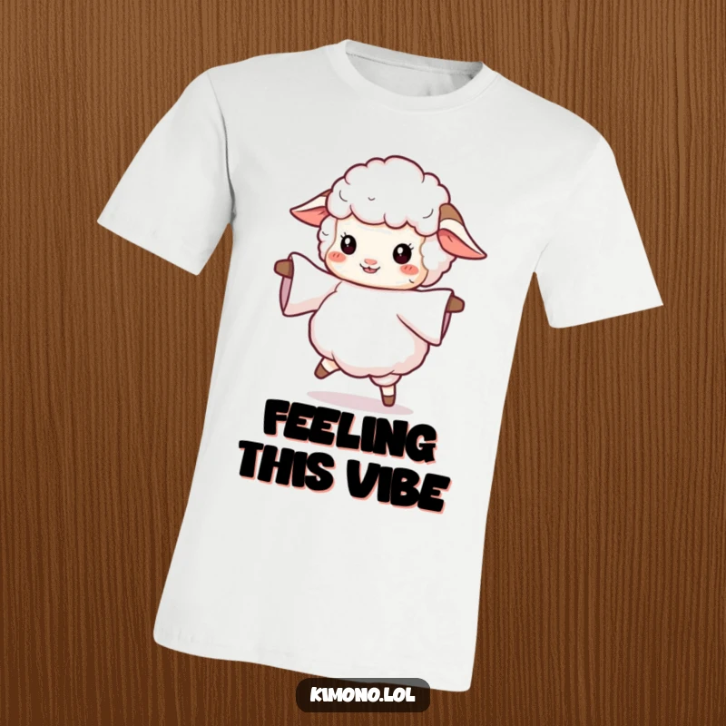 Funny t-shirt featuring a fluffy sheep twirling with a graceful, flowing sleeve, a design celebrating dance and joy.
