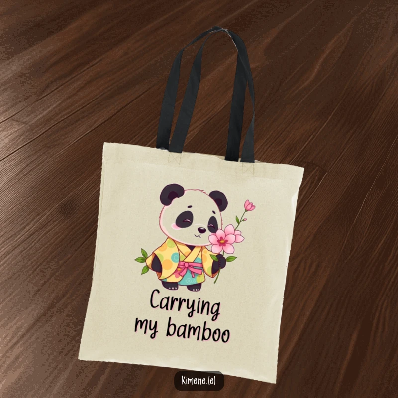 Funny panda in a colorful kimono curiously sniffing a blooming flower, a humorous tote bag.