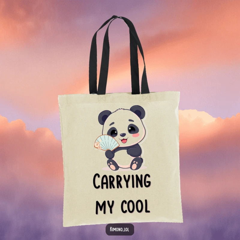 Funny tote bag with a smiling panda holding a delicate fan, a humorous and practical accessory for the calm and cool.