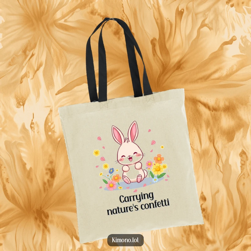 Funny tote bag with a whimsical bunny scattering colorful flower petals, ideal for shopping or daily use.