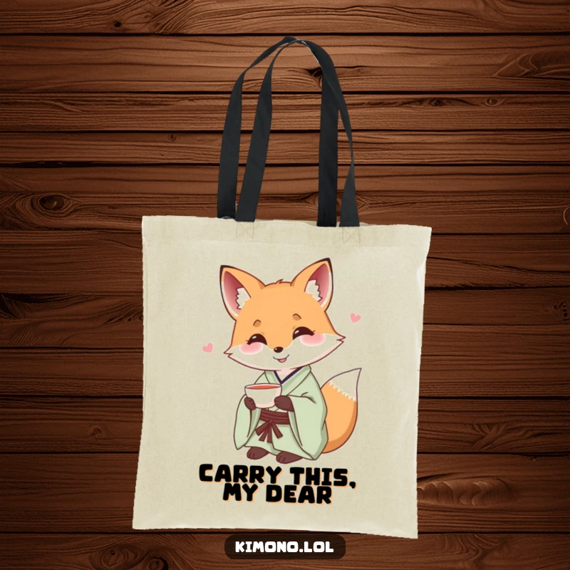 Funny fox in a silk kimono offering a small teacup, a charming and humorous tote bag.