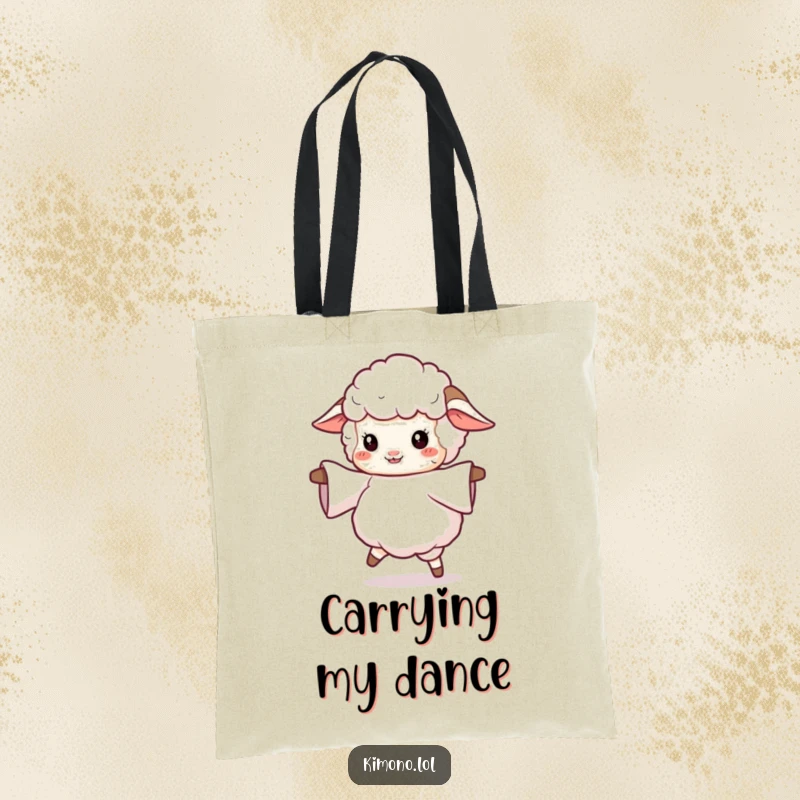 Funny tote bag with a fluffy sheep twirling with a flowing sleeve, a humorous and practical accessory for the free spirit.